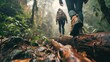 Jungle Challenge: In a low angle shot, an Asian couple attempts to climb over a log in a raining jungle, with the focus on their trekking shoes in this adventurous and challenging trek.


