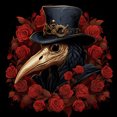 Vintage black crow raven red roses wreath border, red black background t-shirt design steampunk