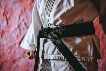 Black Belt Warriors: Person in Kimono and Black Belt on Pink Background with Space for Text. Martial Arts Discipline Concept
