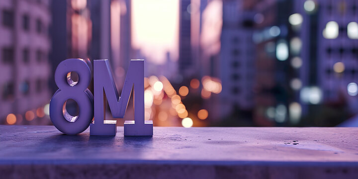 Embossed 8M letters,blurred city background. March 8