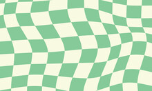 Psychedelic Pattern With Warped Green And Cream Squares. Trippy Checkerboard Layout. Vector Flat Illustration. Retro Background In Y2k Styles