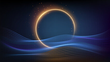 Wall Mural - Gold Eclipse with Blue Wave Background, Vector Illustration
