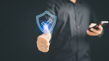 Poster - User hand touch the identity proof icon for security protection system on virtual screen. Quality assurance of business service. Certified guarantee approval or secure access system concept.
