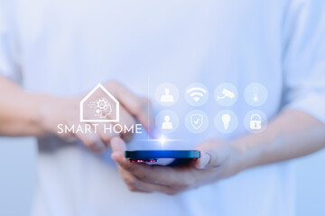 Poster - Adult man control technology AI smart home devices using a smartphone or mobile phone with launched application. Internet of Things of smart home automation apps concept.
