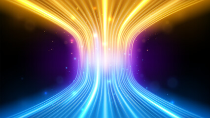 Wall Mural - Blue and Gold Light Lines Perspective View, Vector Illustration