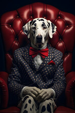 Abstract, Creative, Illustrated, Minimal Portrait Of A Dog Dressed Up As A Man In Elegant Suit Sitting In Armchair. Vintage Retro Composition Of Dalmatian Dog.