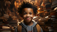Child Reading A Book In A Library, Small African American Boy Staring Up At Tall Stacks Of Books