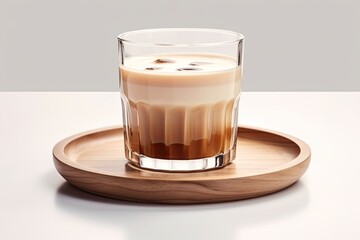 Sticker - Coffee with milk in a tall glass on a wooden podium close up on a white background with a shadow