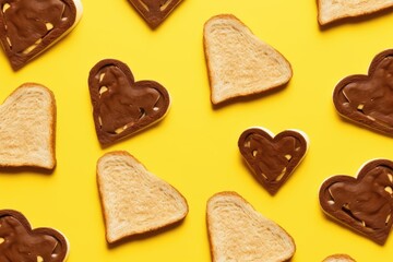 Poster - Valentine's day toast sandwiches with heart shape and chocolate paste on yellow background. Seamless pattern.