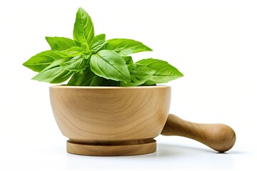 Poster - Fresh green basil leaves mixed with mortar on a white surface