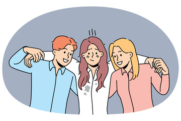 Supportive employees carry unhappy distressed female colleague suffering from failure or misfortune. Caring workers assist support woman coworker. Teamwork. Vector illustration.