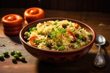 Healthy Soybean Pulao Or Soya Chunk Fried Rice With Peas And Beans Presented In A Bowl On A Vibrant Or Woody Backdrop Focused Display