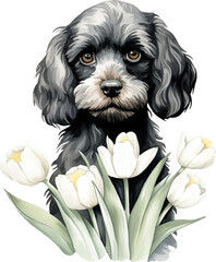 Aufkleber - Cavapoo with flowers illustration created with Generative AI technology