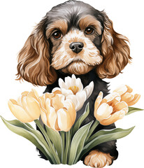 Aufkleber - Cavapoo with flowers illustration created with Generative AI technology