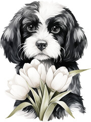 Aufkleber - Cavapoo with flowers illustration created with Generative AI technology