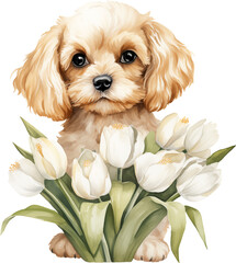 Aufkleber - Cavapoo with flowers illustration created with Generative AI technology