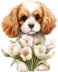 Aufkleber - Cavapoo with flowers illustration created with Generative AI technology