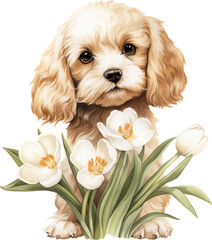 Aufkleber - Cavapoo with flowers illustration created with Generative AI technology