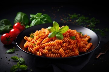 Sticker - Italian fusilli pasta marinara on dark background with copy space