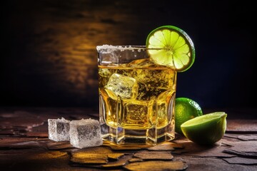 Poster - Luxurious alcoholic beverage Mexican Gold Tequila with lime salt and stone background