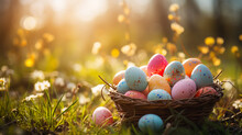 Colorful Easter Eggs In A Basket On The Meadow