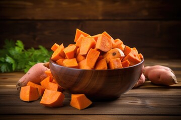 Wall Mural - Sweet potatoes on wooden background in a bowl