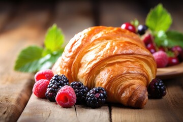 Poster - Tasty breakfast with fresh croissants and ripe berries on vintage wooden backdrop