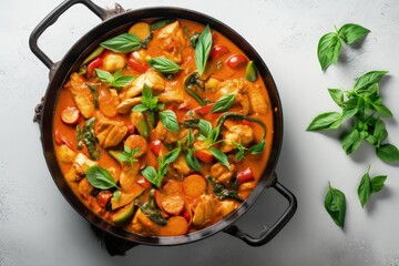Wall Mural - Thai red chicken curry with vegetables on white stone background Overhead view close up