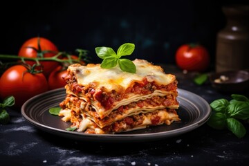 Wall Mural - Traditional Italian lasagna with layers of cheese tomatoes and ground beef served on a gray plate