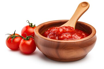 Poster - Wooden bowl and spoon with tomato paste on white background