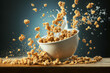 Breakfast cereal advertisement, featuring an action shot of cereal pieces and nuts tumbling into a bowl, with milk splashing around, highlighting the freshness and crunchiness of the cereal