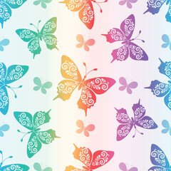 Wall Mural - Vector white spring seamless pattern with flying lacy colorful gradient butterflies