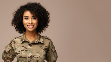 Wall Mural - African woman in army uniform smiling isolated on pastel background