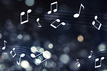 Wall Mural - Music notes on dark background, bokeh effect