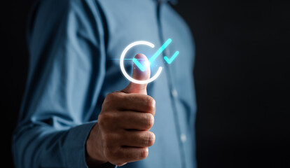 Leinwandbilder - Quality Certificate and Checklist and analyst target marketing planning assignment with quality management. Standardization, certification. Compliance to regulations service and standards.