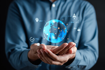 Aufkleber - Businessman holding virtual world with business planning development leadership target group with Business global internet connection technology and digital marketing, Financial and banking.