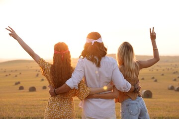 Sticker - Hippie friends showing peace signs in field, back view