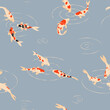 Rybki Koi pływające w stawie. Bezszwowy wzór wektorowy w kolorowe karpie.