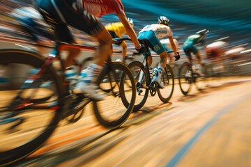 Convey the velocity of a group of cyclists in an Olympic velodrome with dynamic motion blur. Focus on the blurring effect to create a sense of speed.