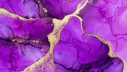 Wall Mural - Luxury purple and gold stone marble texture. Alcohol ink technique abstract background.