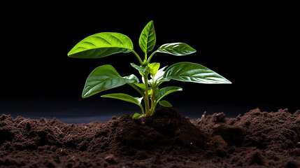 Wall Mural - A fresh coffee plant seedling in a mound of dark, rich soil, its glossy leaves prominent
