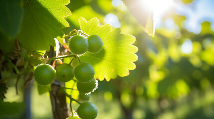 Wall Mural - A small kiwi plant vine begins to climb in an orchard, energized by the bright, mid-morning sun