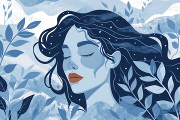 A serene digital illustration presents a woman with her eyes closed, surrounded by leaves, embodying a calm night.