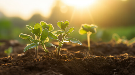 Wall Mural - A budding marjoram sprout grows in an organic farm, surrounded by the golden light of late afternoon