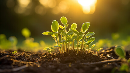 Wall Mural - A budding marjoram sprout grows in an organic farm, surrounded by the golden light of late afternoon