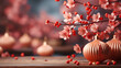 2024 Chinese new year banner copy space background with golden Asian lanterns hanging on cherry blossoms or Sakura on blurred background, festive, greeting, celebrating season concepts