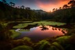 A tranquil tarn at sunset bathes the rainforest in enchanting hues.