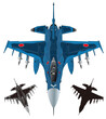 航空自衛隊の青カモフラージュ単発ジェットマルチロールF2戦闘機イメージイラスト（モノクロカラーと黒シルエットイラスト付）