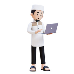 Wall Mural - 3D Characters of Muslim Man working on a laptop perfect for banner, web dan marketing material