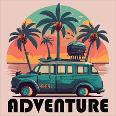 Adventure awaits lettering Vintage Car Desert camping vector Design, Palm Tree Weekend mountain outdoor Relaxation Travel design, suitable for T shirt, Hoodie, poster, Banner, logo, badge